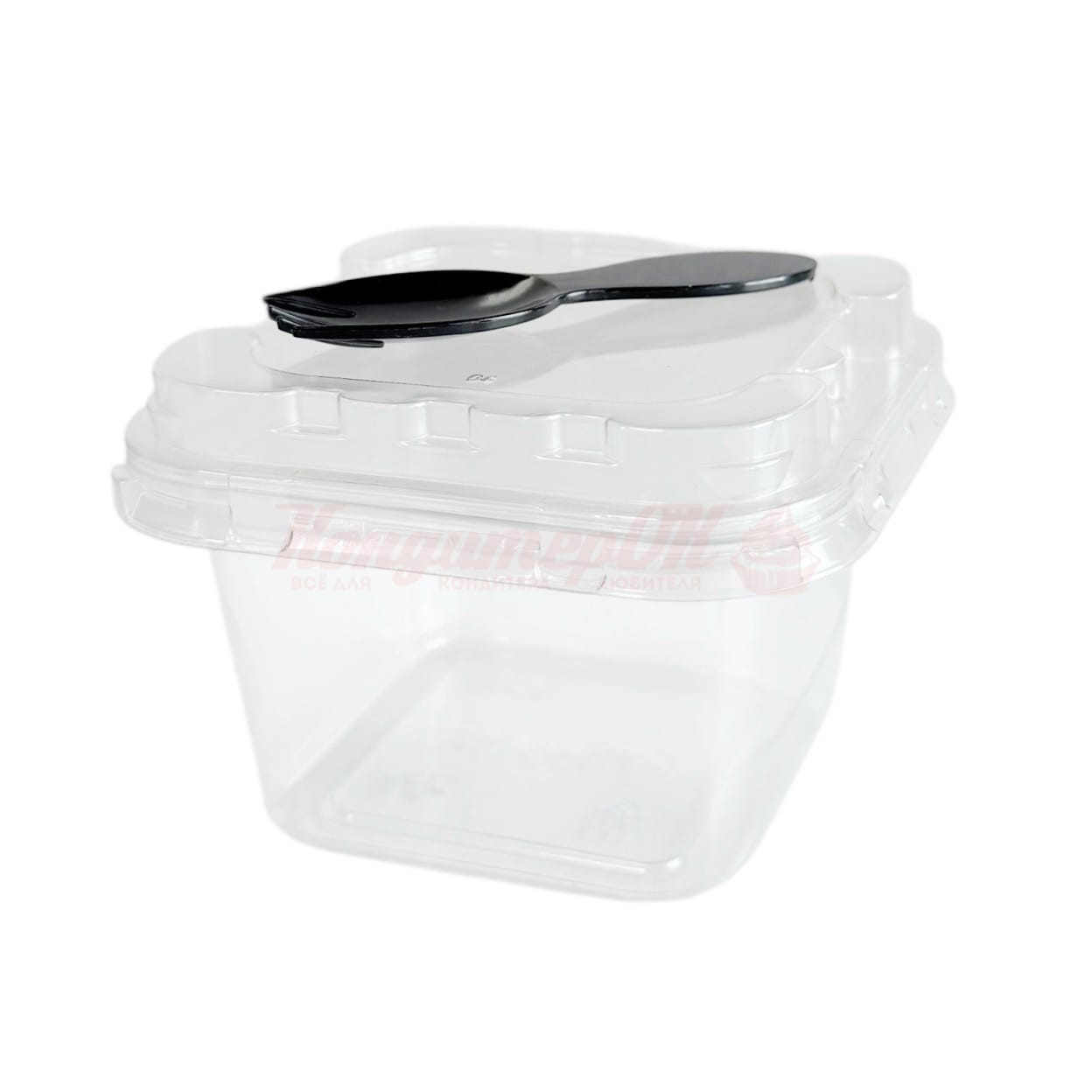 Стакан ПЭТ с крышкой и вилкой квадратный 250 мл 9,3*9,3*5,9 см 10 шт 