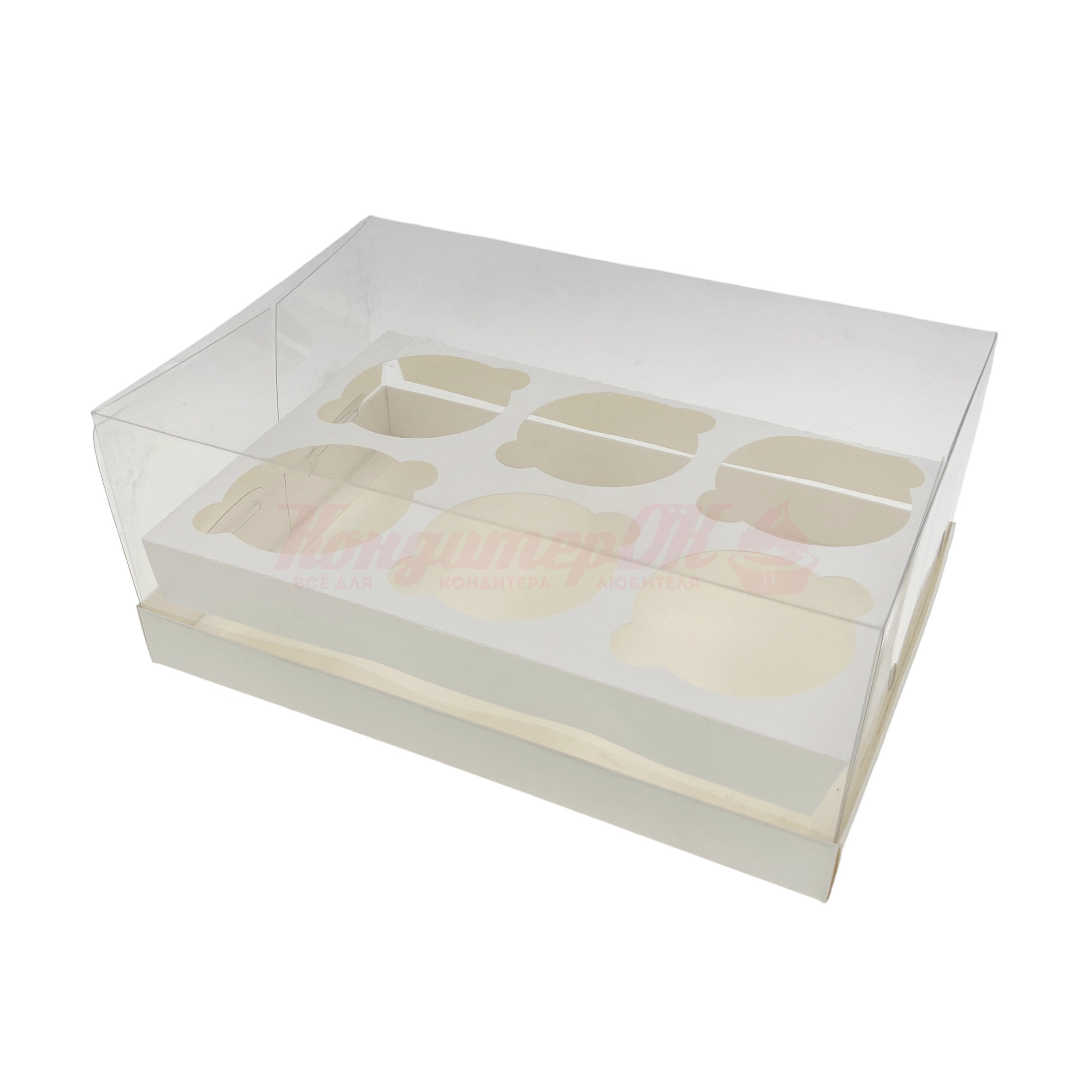 Коробка для 6 капкейков премиум белая с пластиковой крышкой 