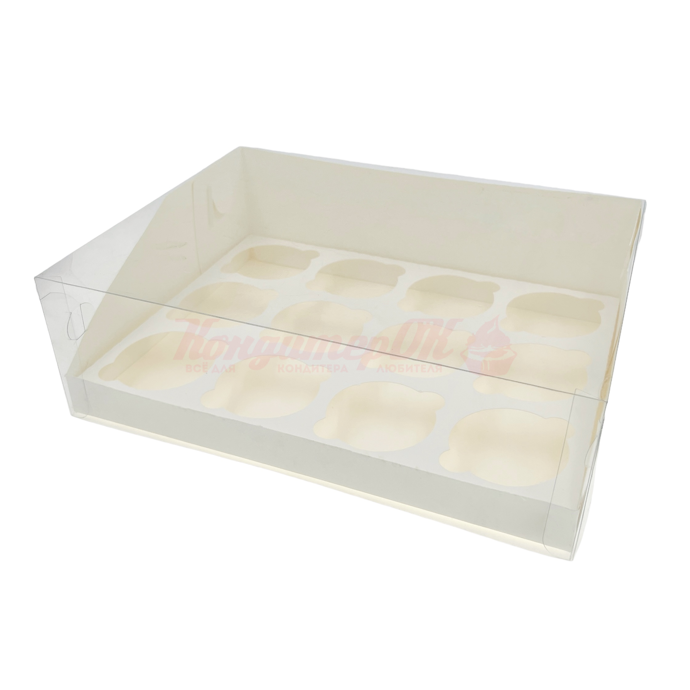Коробка для 12 капкейков белая со скош. окном 310*235*100 мм